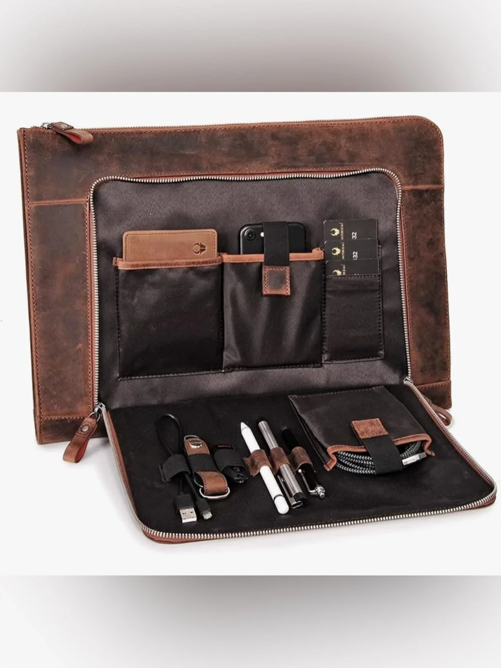 NEW Leather Travel Tech Organizer Folio - Brown